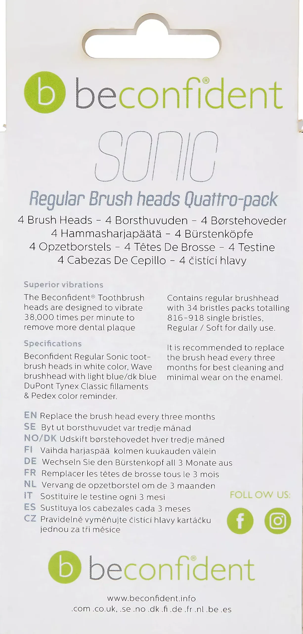 Beconfident Regular Sonic 4-pack tandborsthuvud Vit, Soft-Medium