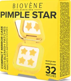 Biovène PIMPLE STAR PATCHES & MIRROR CASE Yellow Pimple Patches - Anti-Blemish Stars in portable mirror case, 32 patches 4 g