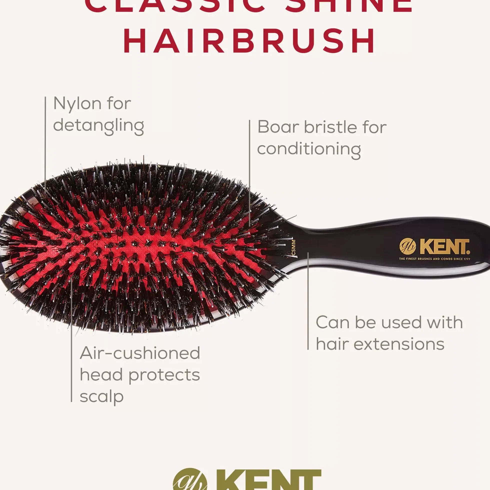 Kent Brushes Classic Shine Medium Black Porcupine Mixed Bristle Hairbrush