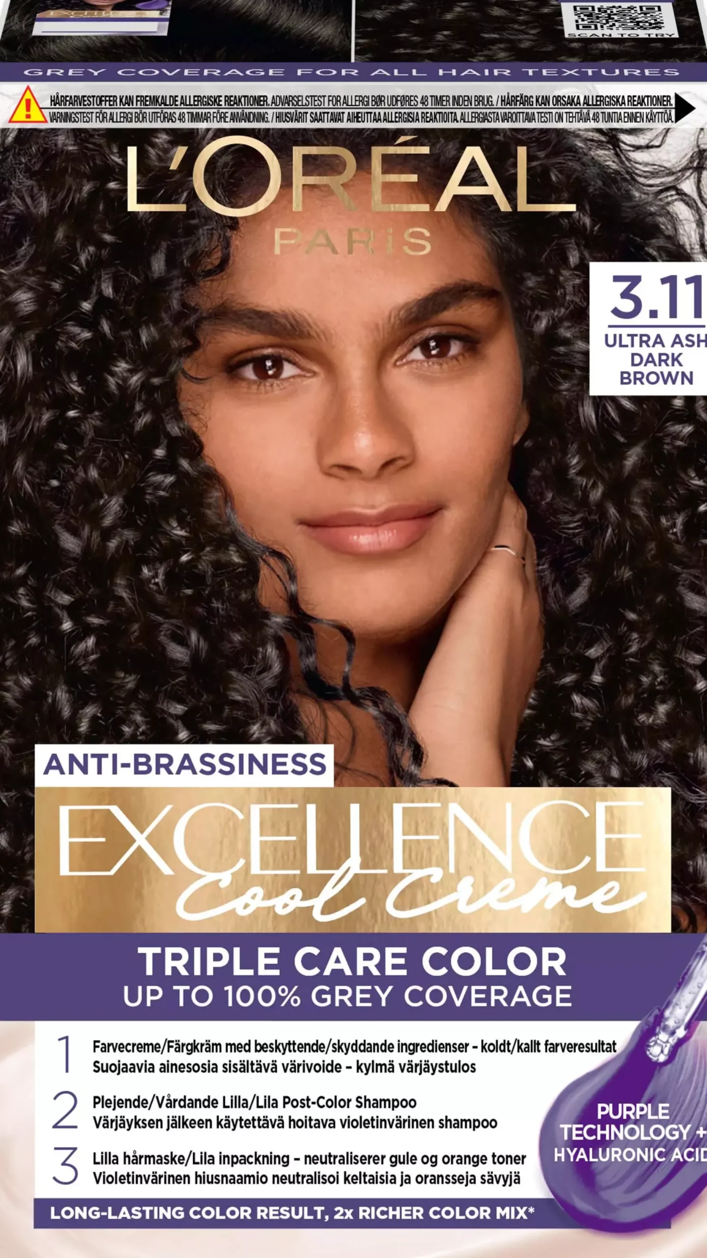 Loreal ParisExcellence Cool Creme Triple Care Color 3,11 Ultra Ash Dark Brown