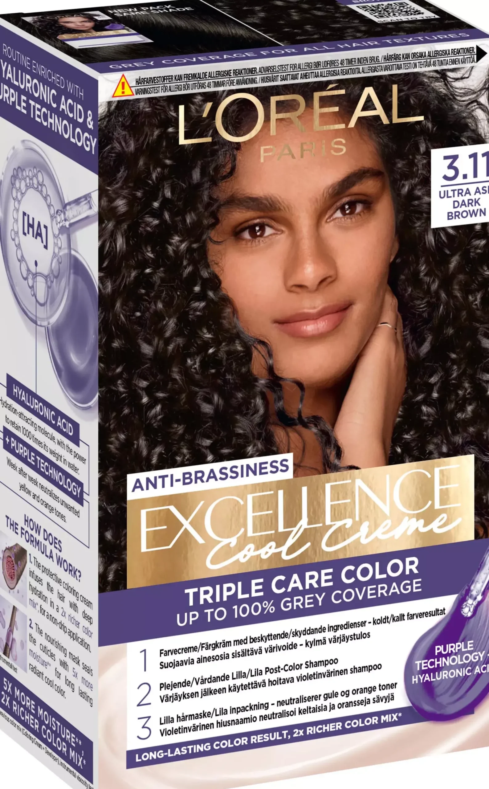 Loreal ParisExcellence Cool Creme Triple Care Color 3,11 Ultra Ash Dark Brown