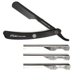 Parker Shaving PTABK Adjustable Push w. 3 blade option Metal Black Barber/Straight Razor